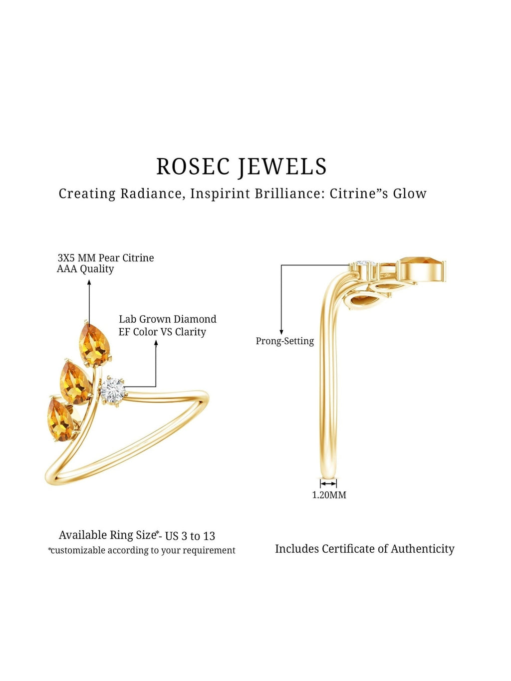Certified Pear Shaped Citrine Ring Guard with Lab Diamond - Courbe et Compagnie