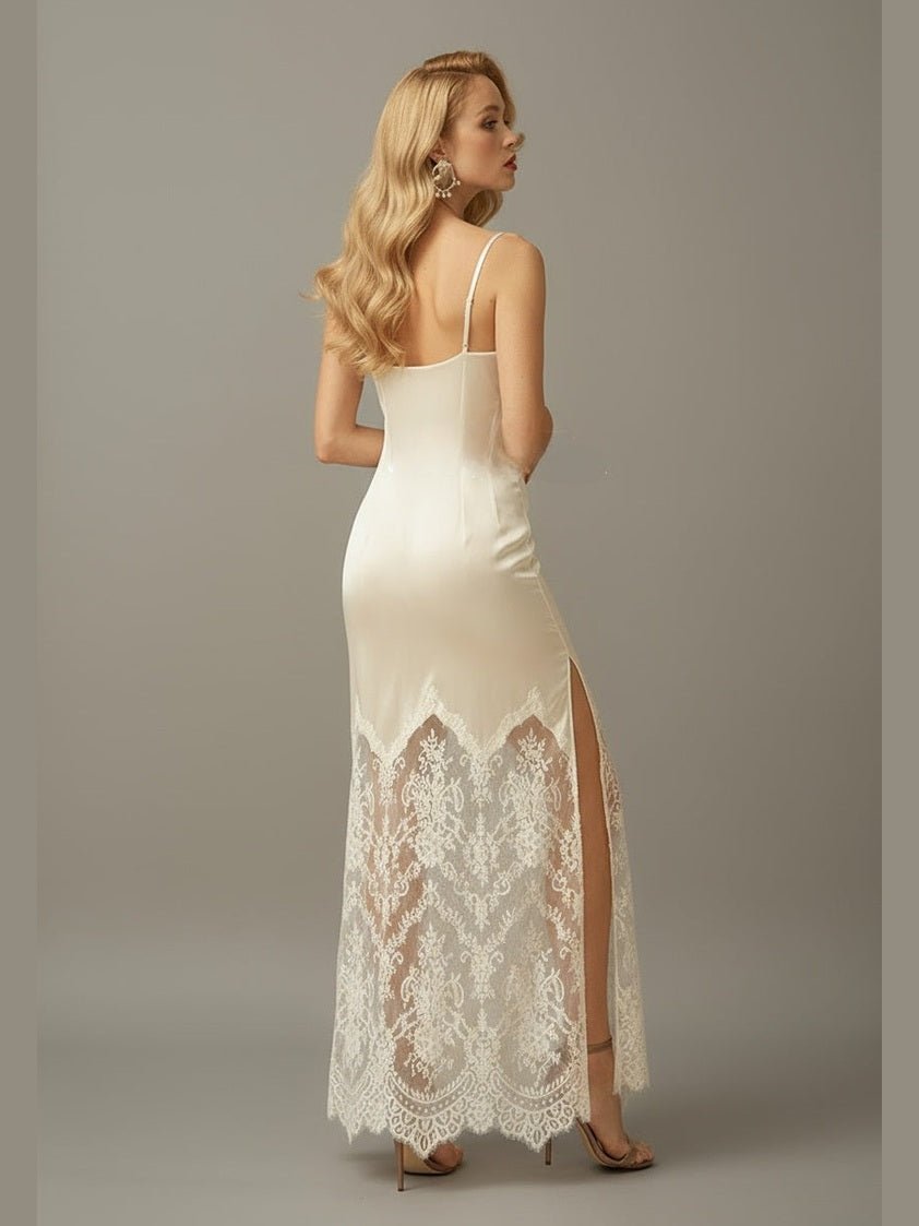 Chantilly Lace Long Robe with Silky Satin Lace Nightgown - next day shipping - Courbe et Compagnie