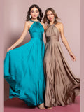 Charmeuse Long Dress with Beaded Halter Neckline - Courbe et Compagnie