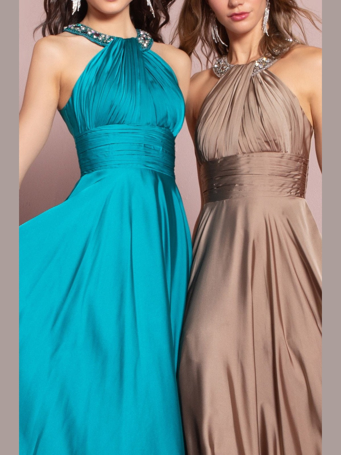Charmeuse Long Dress with Beaded Halter Neckline - Courbe et Compagnie