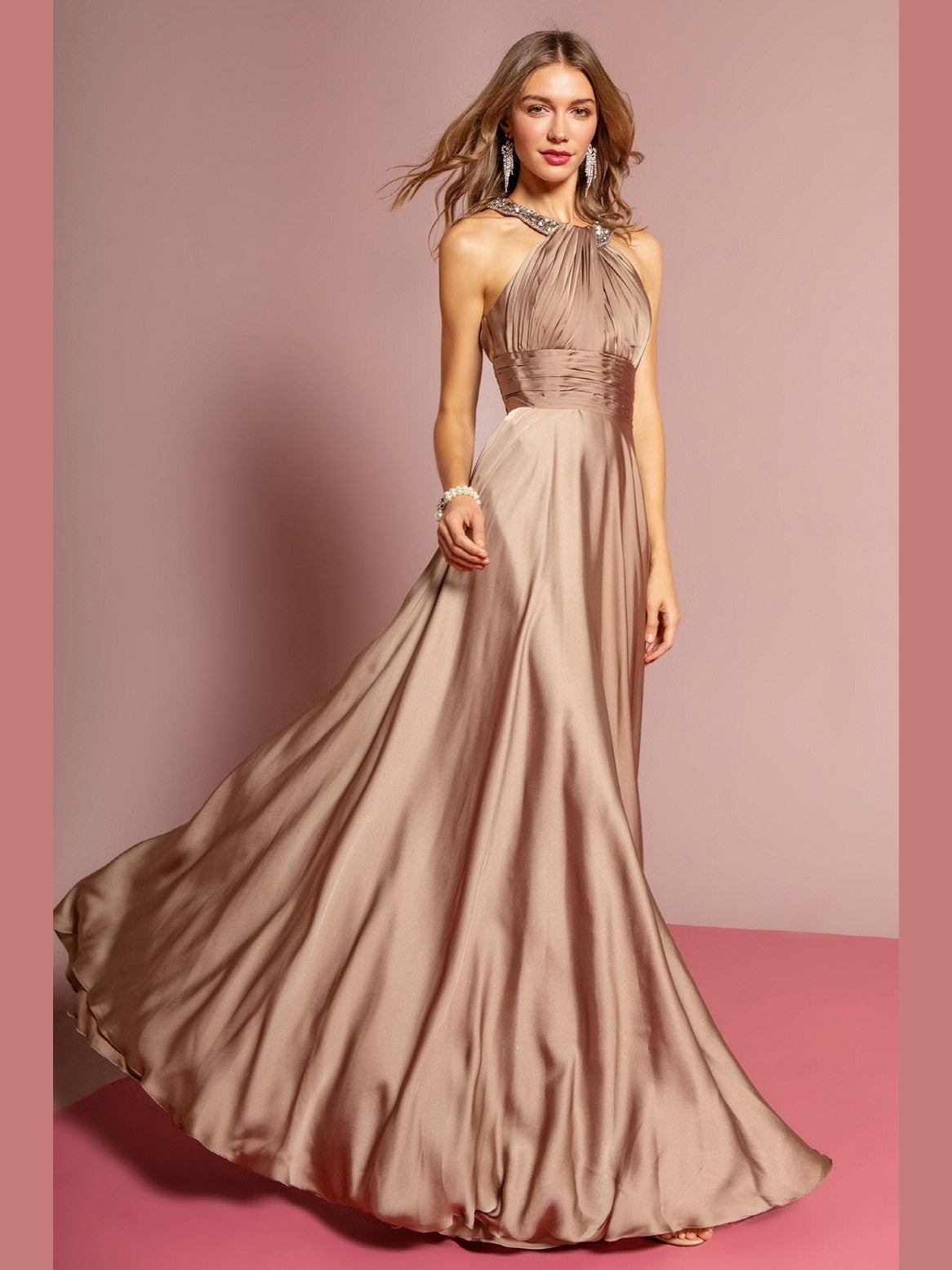 Charmeuse Long Dress with Beaded Halter Neckline - Courbe et Compagnie