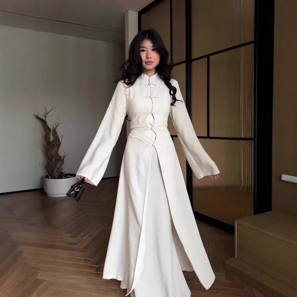 Chinese Frog Button Stand Collar Top And Wide Leg Maxi Skirt Co Ord Set MS483 - Courbe et Compagnie