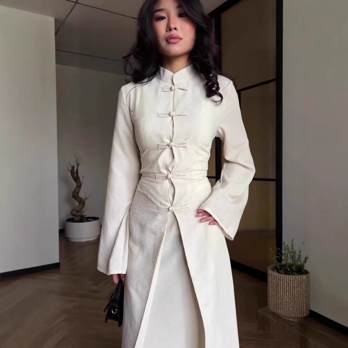 Chinese Frog Button Stand Collar Top And Wide Leg Maxi Skirt Co Ord Set MS483 - Courbe et Compagnie