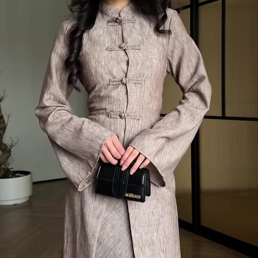 Chinese Frog Button Stand Collar Top And Wide Leg Maxi Skirt Co Ord Set MS483 - Courbe et Compagnie