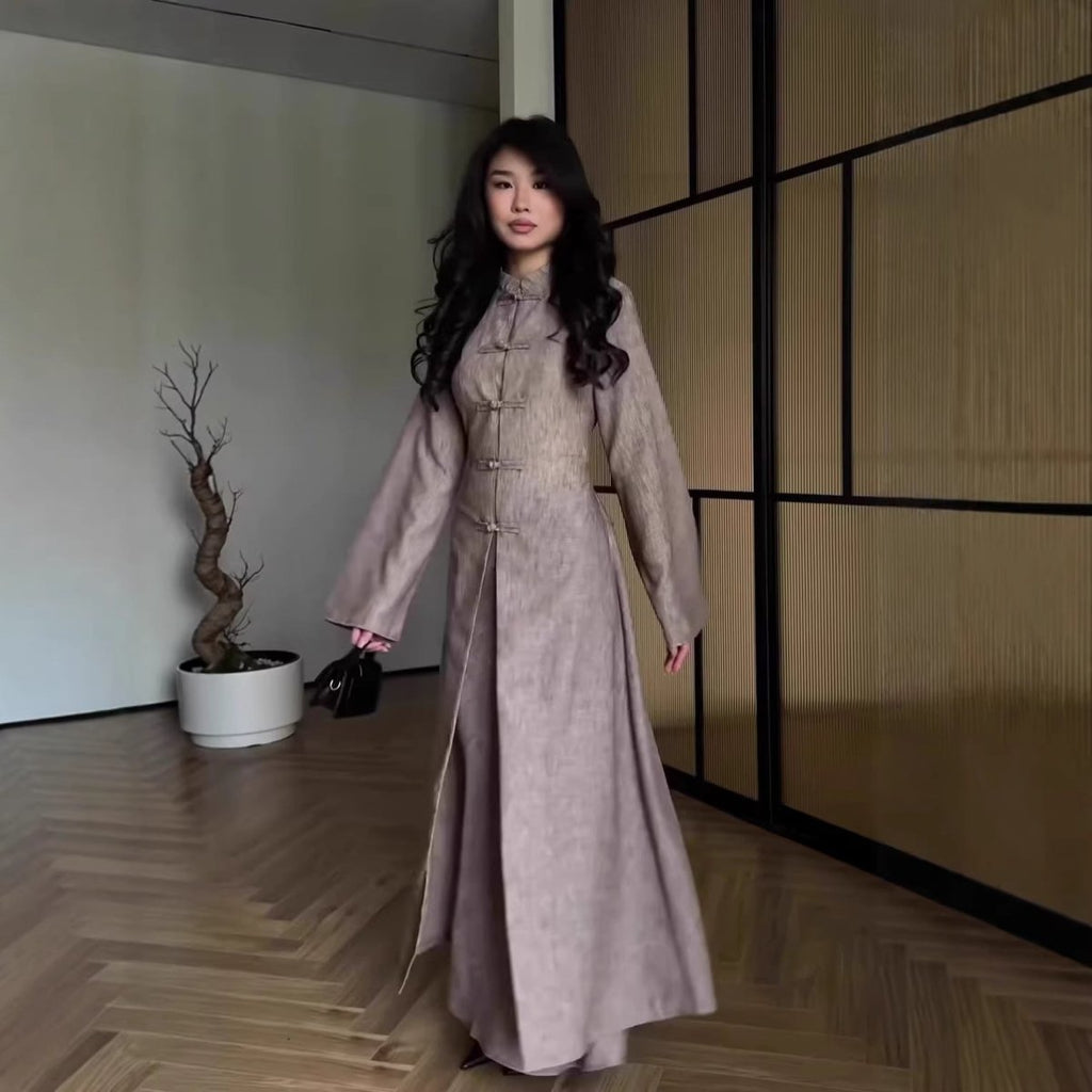 Chinese Frog Button Stand Collar Top And Wide Leg Maxi Skirt Co Ord Set MS483 - Courbe et Compagnie