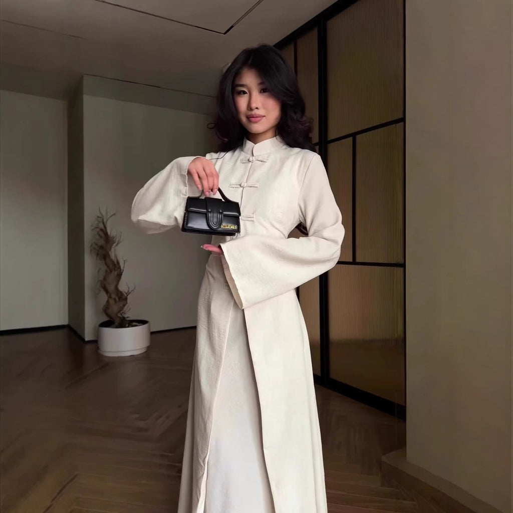 Chinese Frog Button Stand Collar Top And Wide Leg Maxi Skirt Co Ord Set MS483 - Courbe et Compagnie