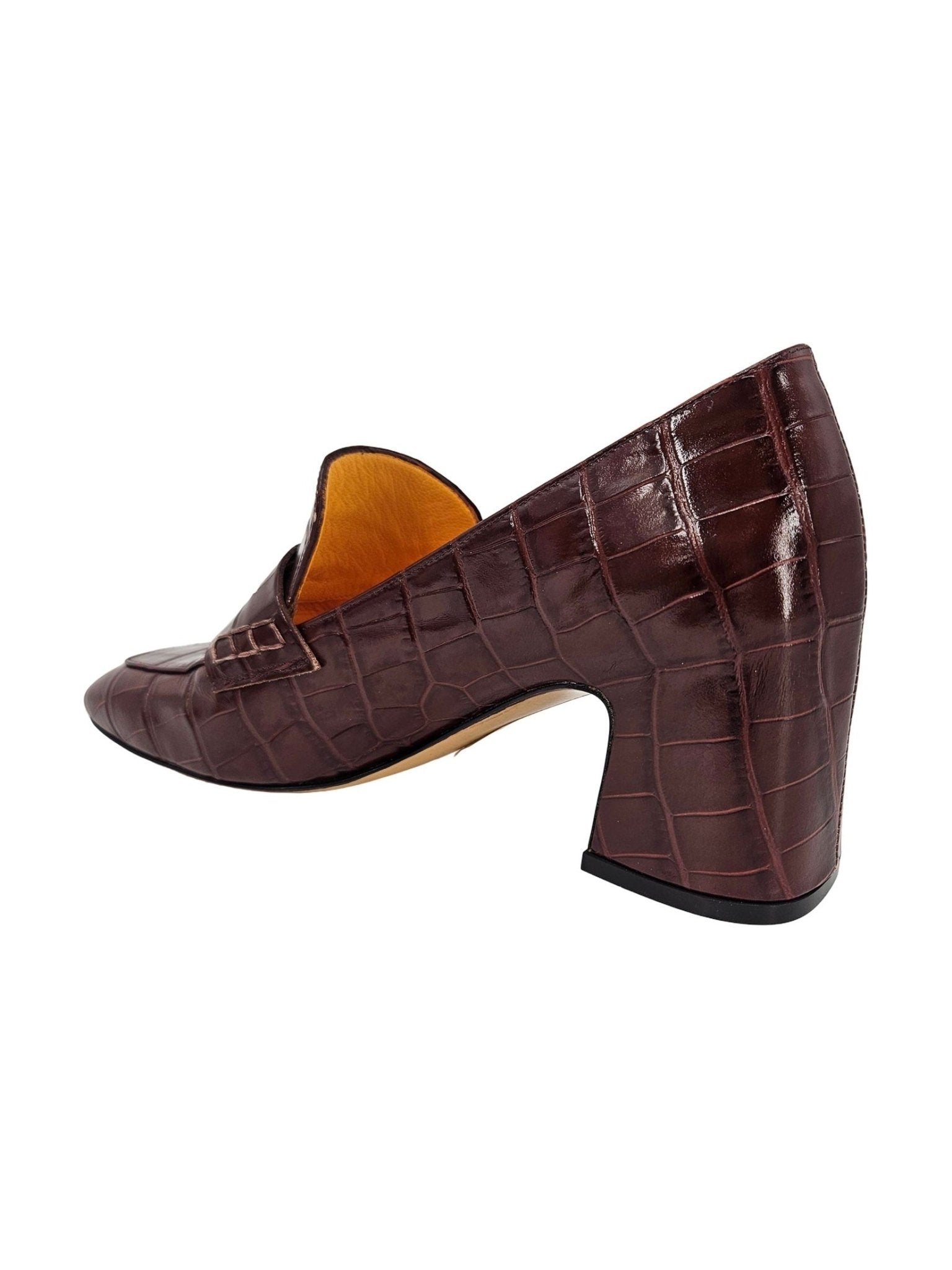 Chocolate Leather Heel Moc Croc Leather Loafer - Courbe et Compagnie