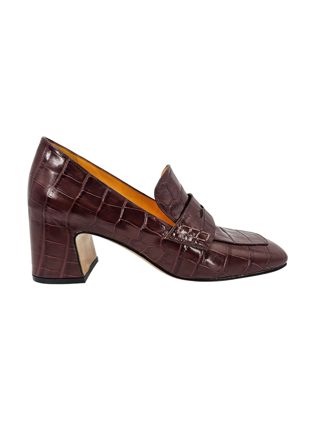 Chocolate Leather Heel Moc Croc Leather Loafer - Courbe et Compagnie