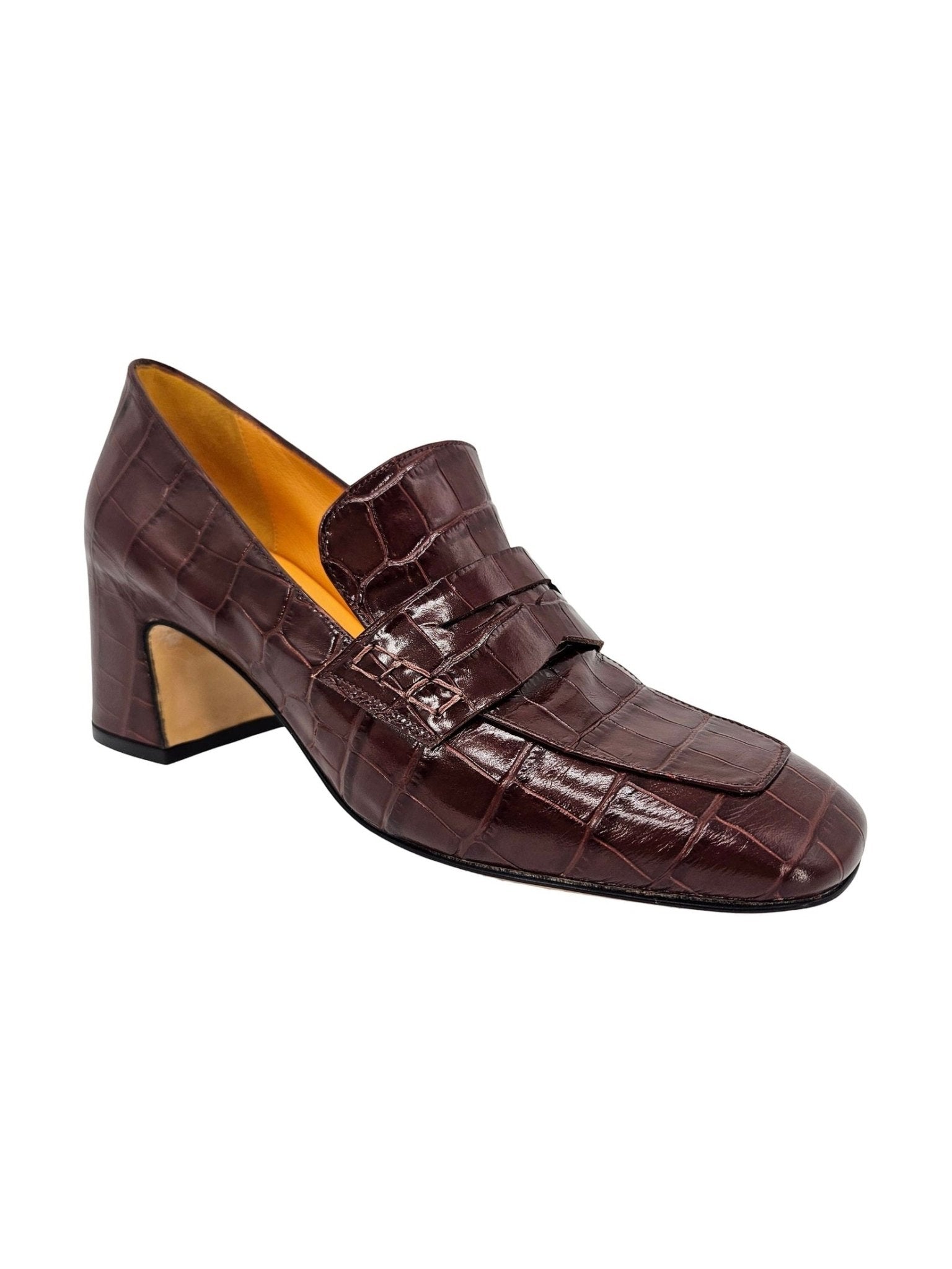 Chocolate Leather Heel Moc Croc Leather Loafer - Courbe et Compagnie