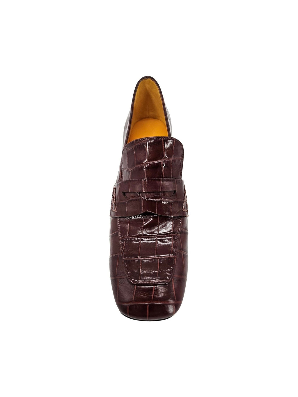 Chocolate Leather Heel Moc Croc Leather Loafer - Courbe et Compagnie