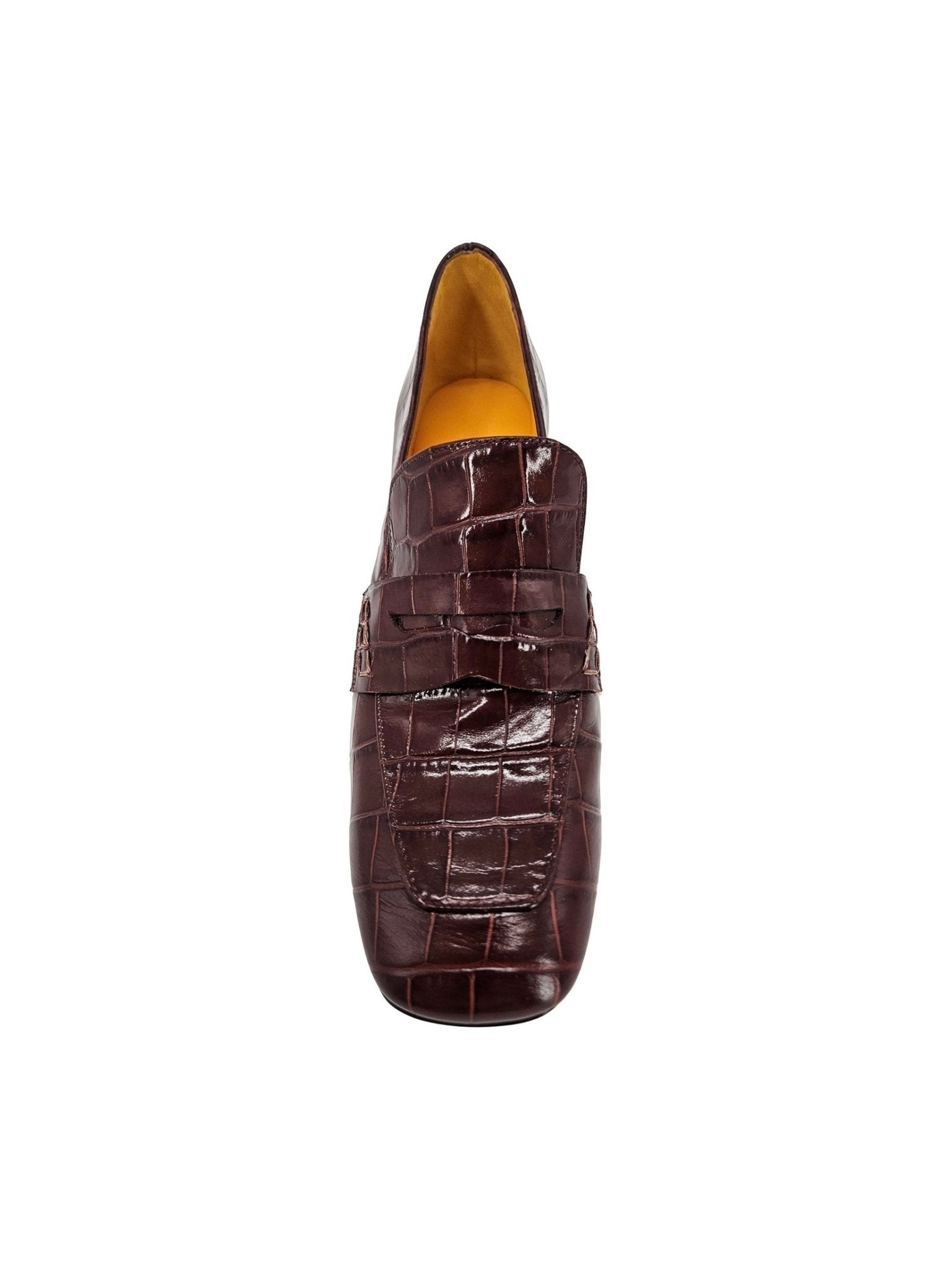 Chocolate Leather Heel Moc Croc Leather Loafer - Courbe et Compagnie
