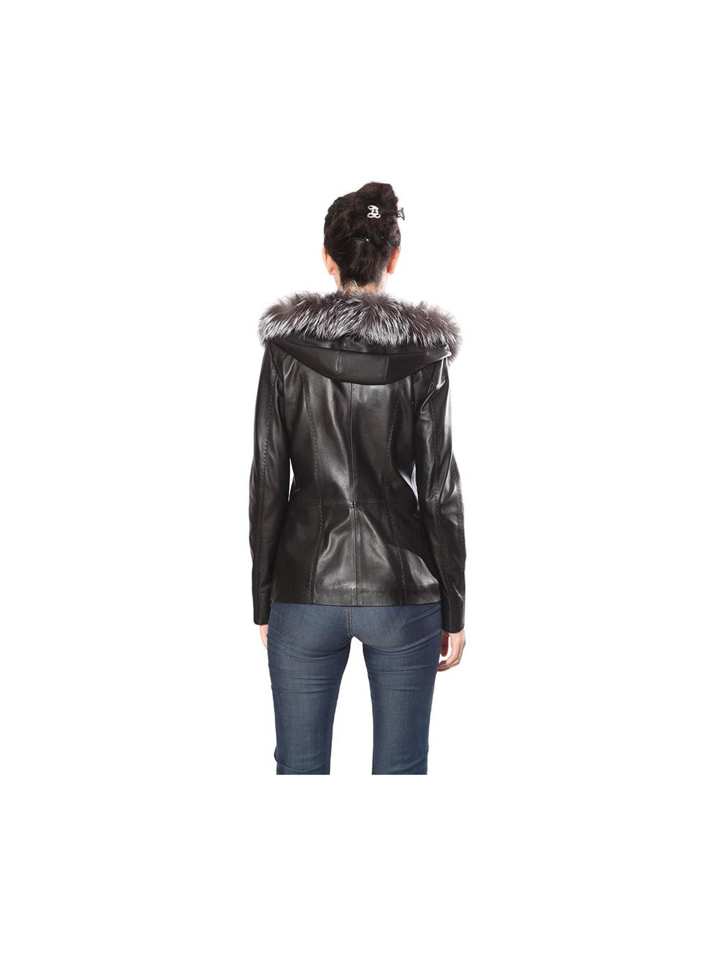 Cidra Womens Real Silver Fox Fur Hooded Leather Jacket - Courbe et Compagnie
