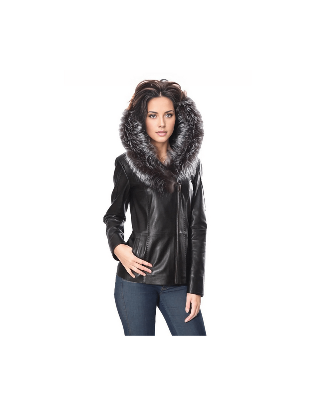 Cidra Womens Real Silver Fox Fur Hooded Leather Jacket - Courbe et Compagnie