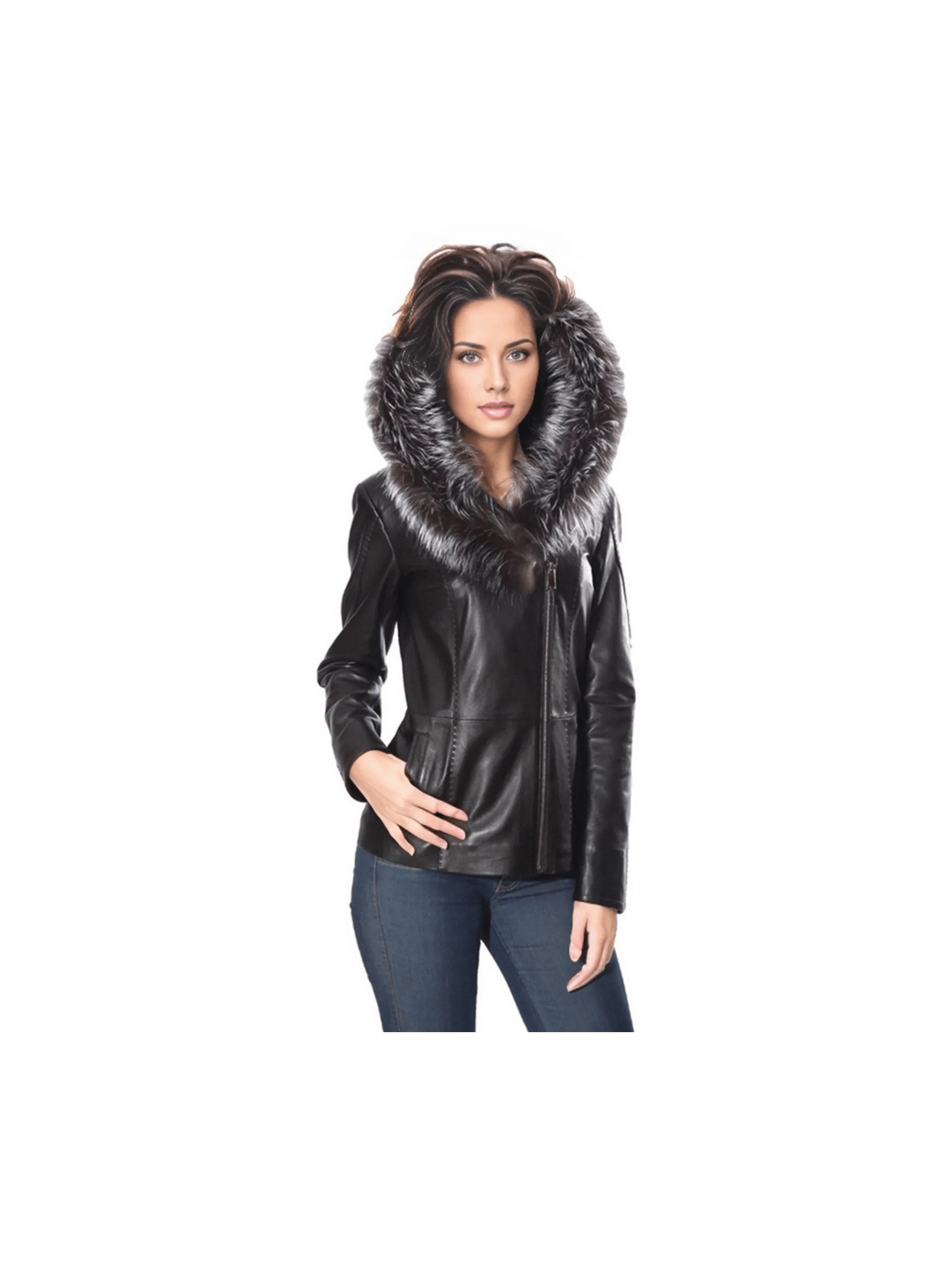 Cidra Womens Real Silver Fox Fur Hooded Leather Jacket - Courbe et Compagnie