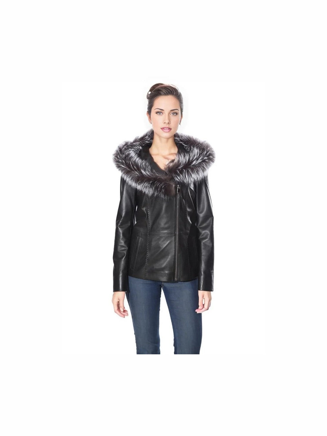 Cidra Womens Real Silver Fox Fur Hooded Leather Jacket - Courbe et Compagnie