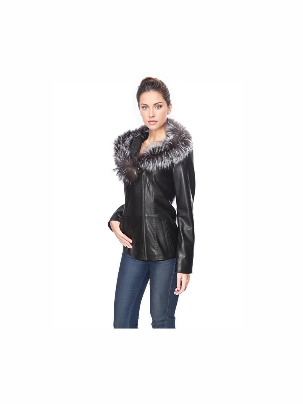 Cidra Womens Real Silver Fox Fur Hooded Leather Jacket - Courbe et Compagnie