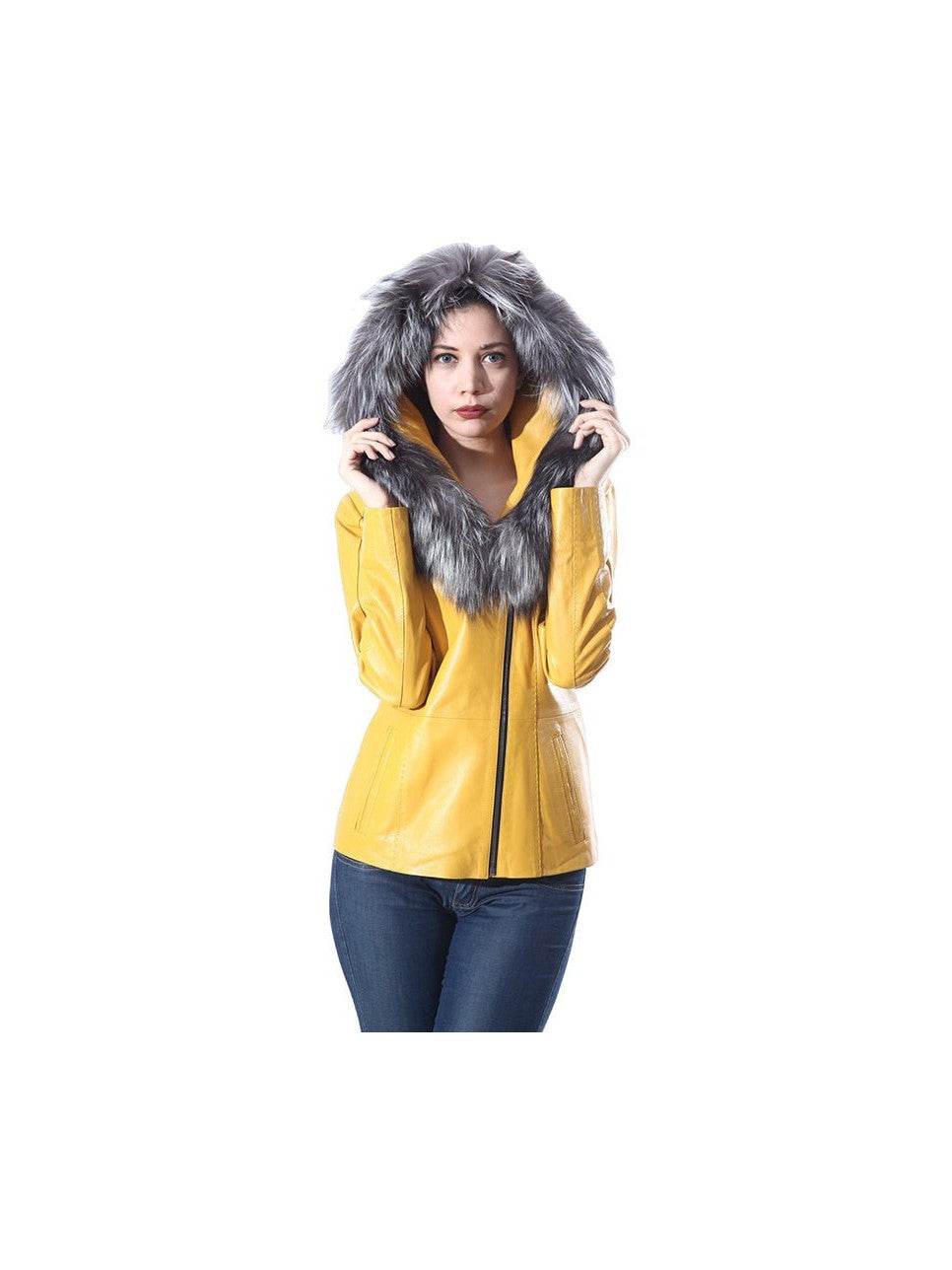 Cidra Womens Real Silver Fox Fur Hooded Leather Jacket - Courbe et Compagnie