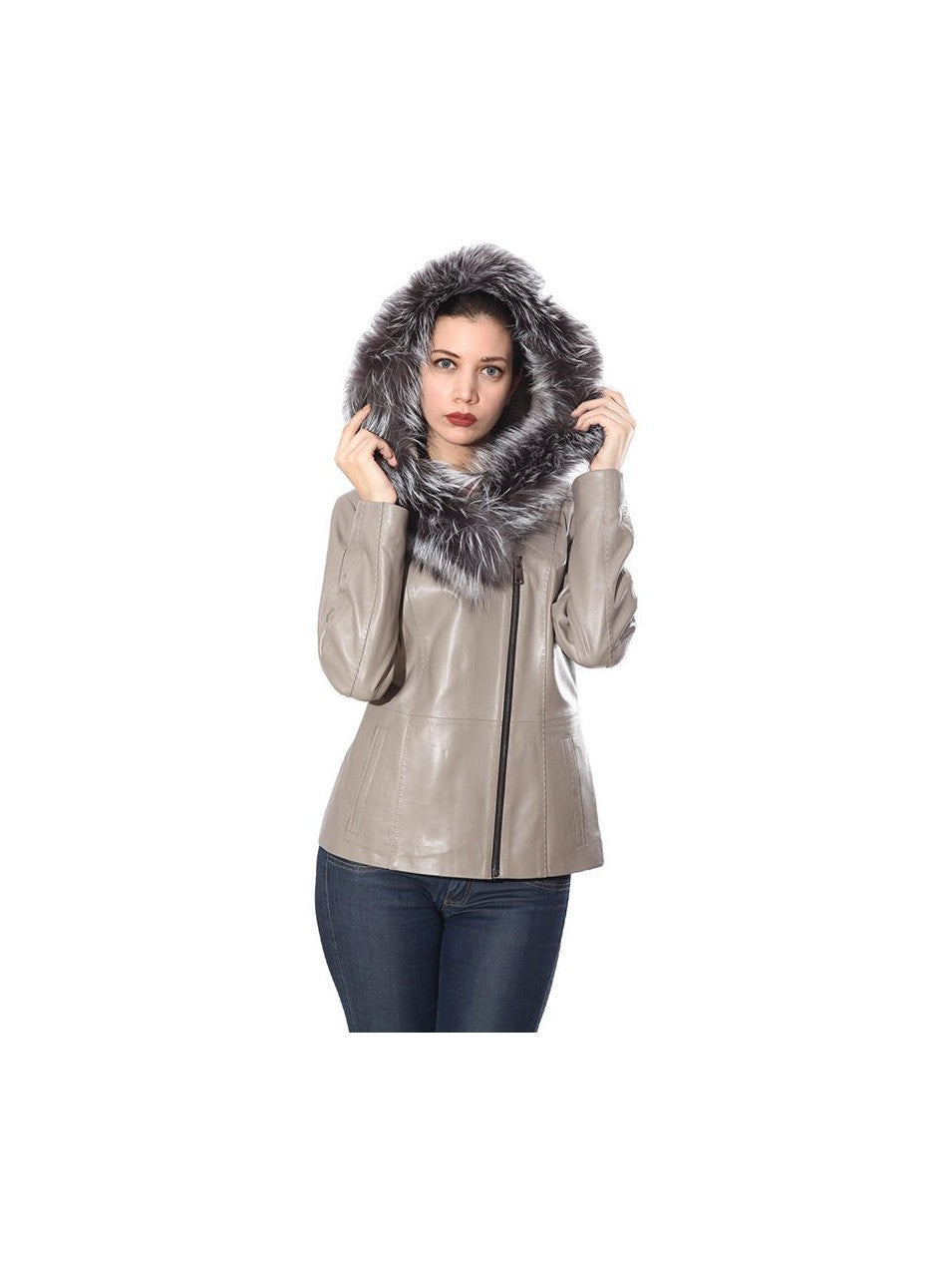 Cidra Womens Real Silver Fox Fur Hooded Leather Jacket - Courbe et Compagnie