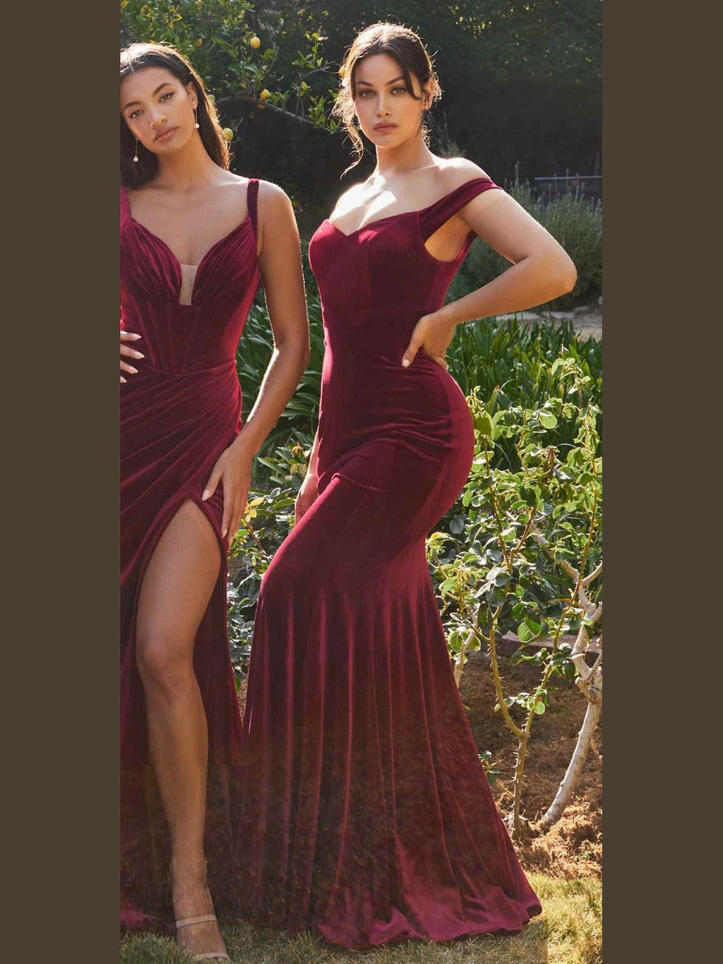 Cinderella Divine CH139 Long Off the Shoulder Fitted Velvet Gown - Courbe et Compagnie