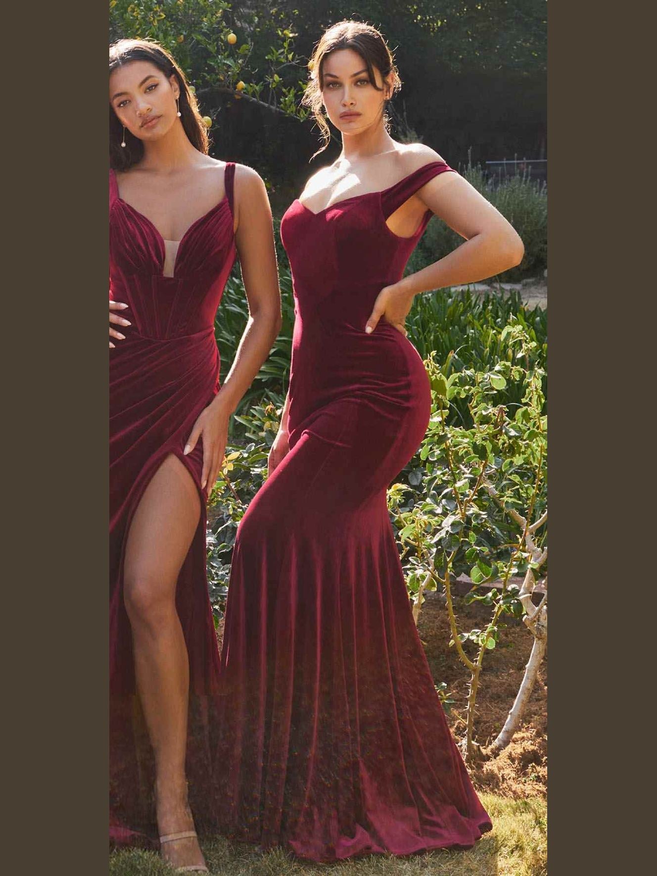 Cinderella Divine CH139 Long Off the Shoulder Fitted Velvet Gown - Courbe et Compagnie