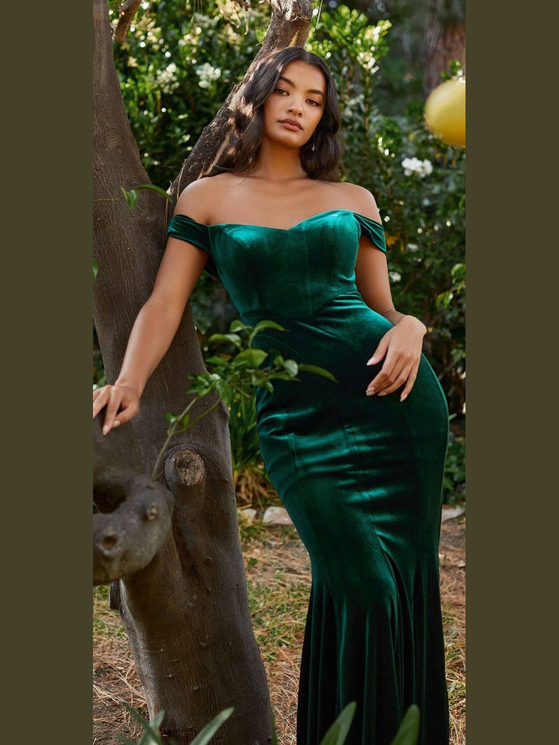Cinderella Divine CH139 Long Off the Shoulder Fitted Velvet Gown - Courbe et Compagnie