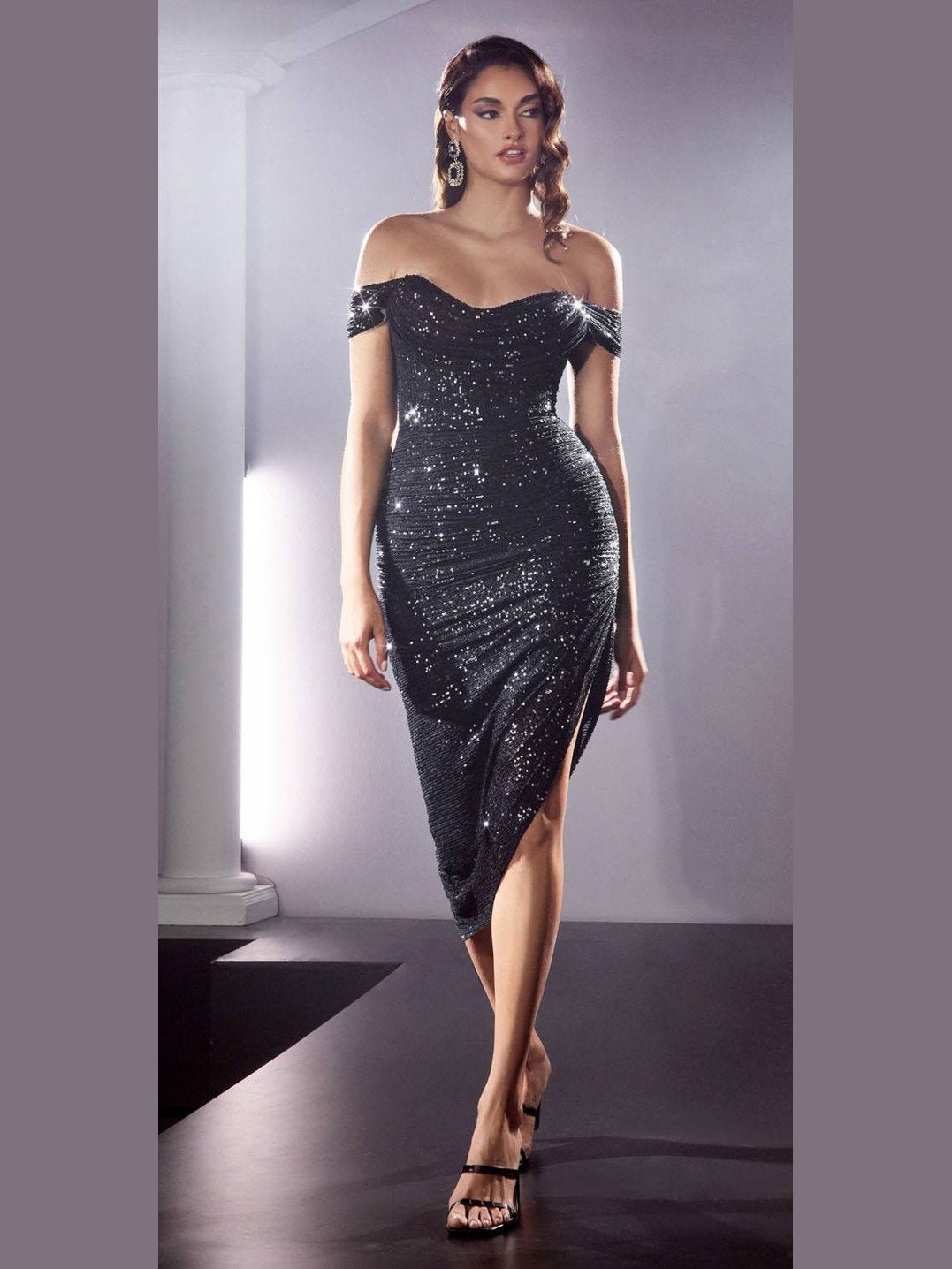 Cinderella Divine CH190 Sequin Midi Cocktail Dress Off the Shoulder - Courbe et Compagnie
