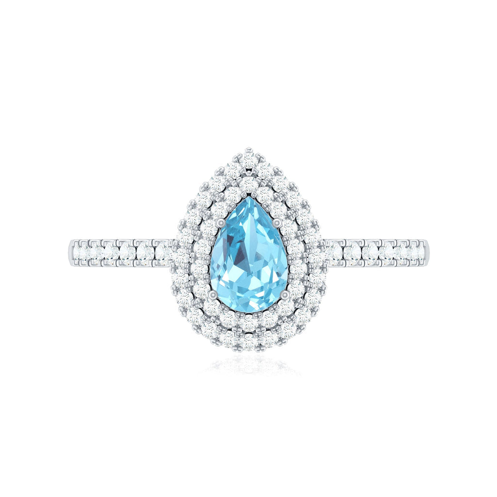 Classic Aquamarine and Diamond Teardrop Engagement Ring with Double Halo - Courbe et Compagnie