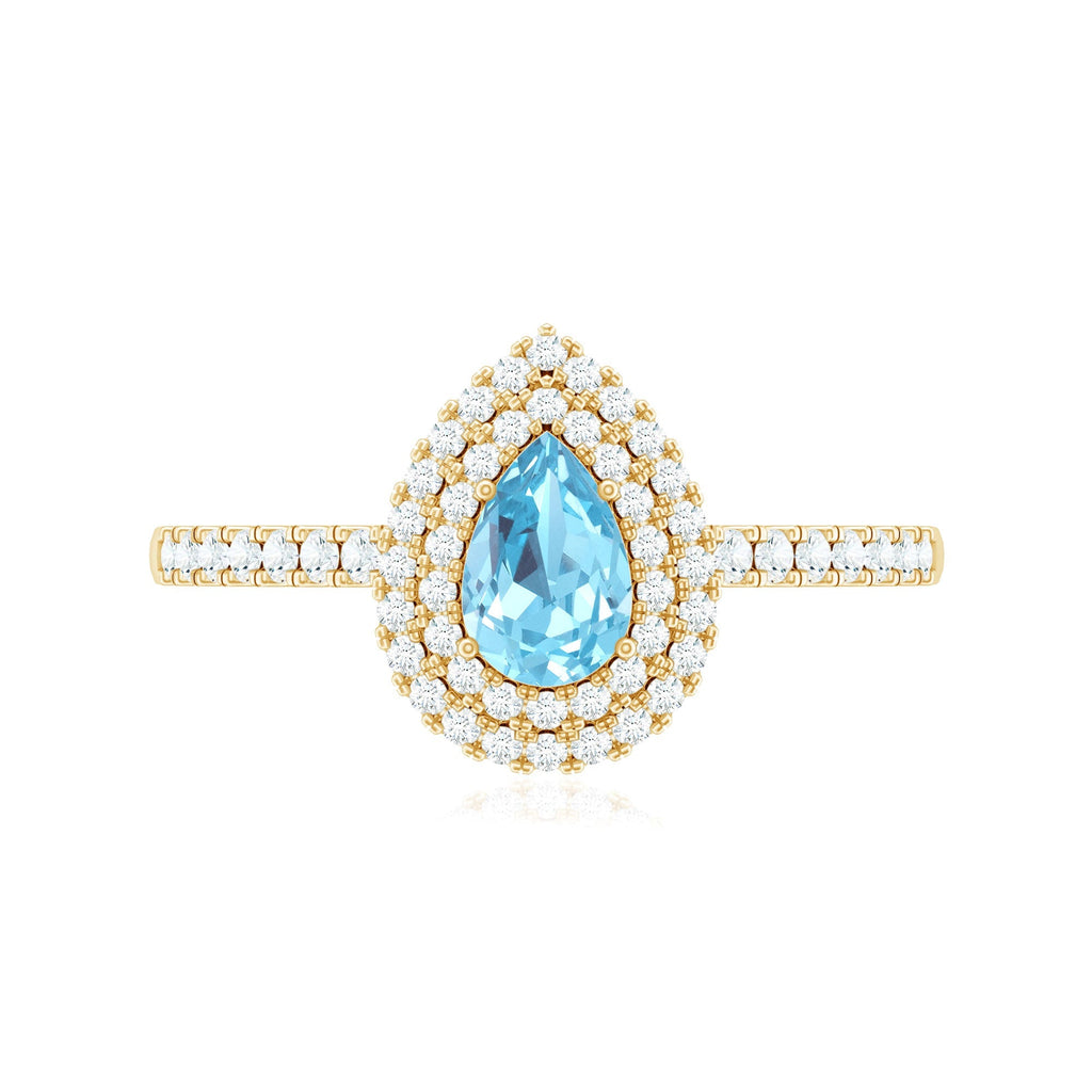 Classic Aquamarine and Diamond Teardrop Engagement Ring with Double Halo - Courbe et Compagnie