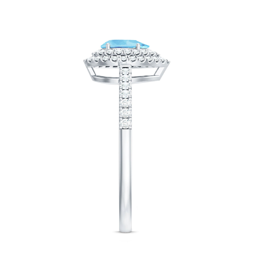 Classic Aquamarine and Diamond Teardrop Engagement Ring with Double Halo - Courbe et Compagnie