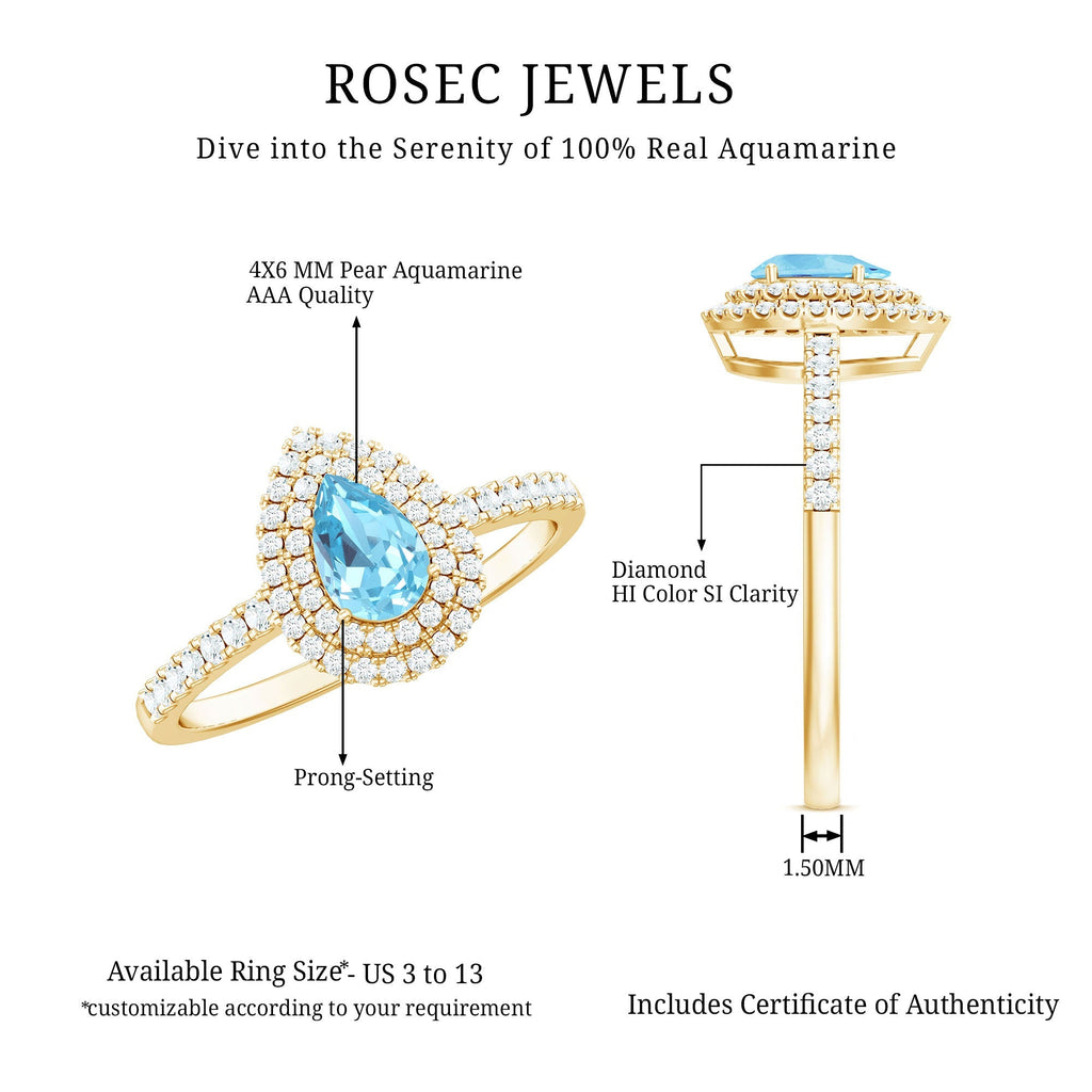 Classic Aquamarine and Diamond Teardrop Engagement Ring with Double Halo - Courbe et Compagnie