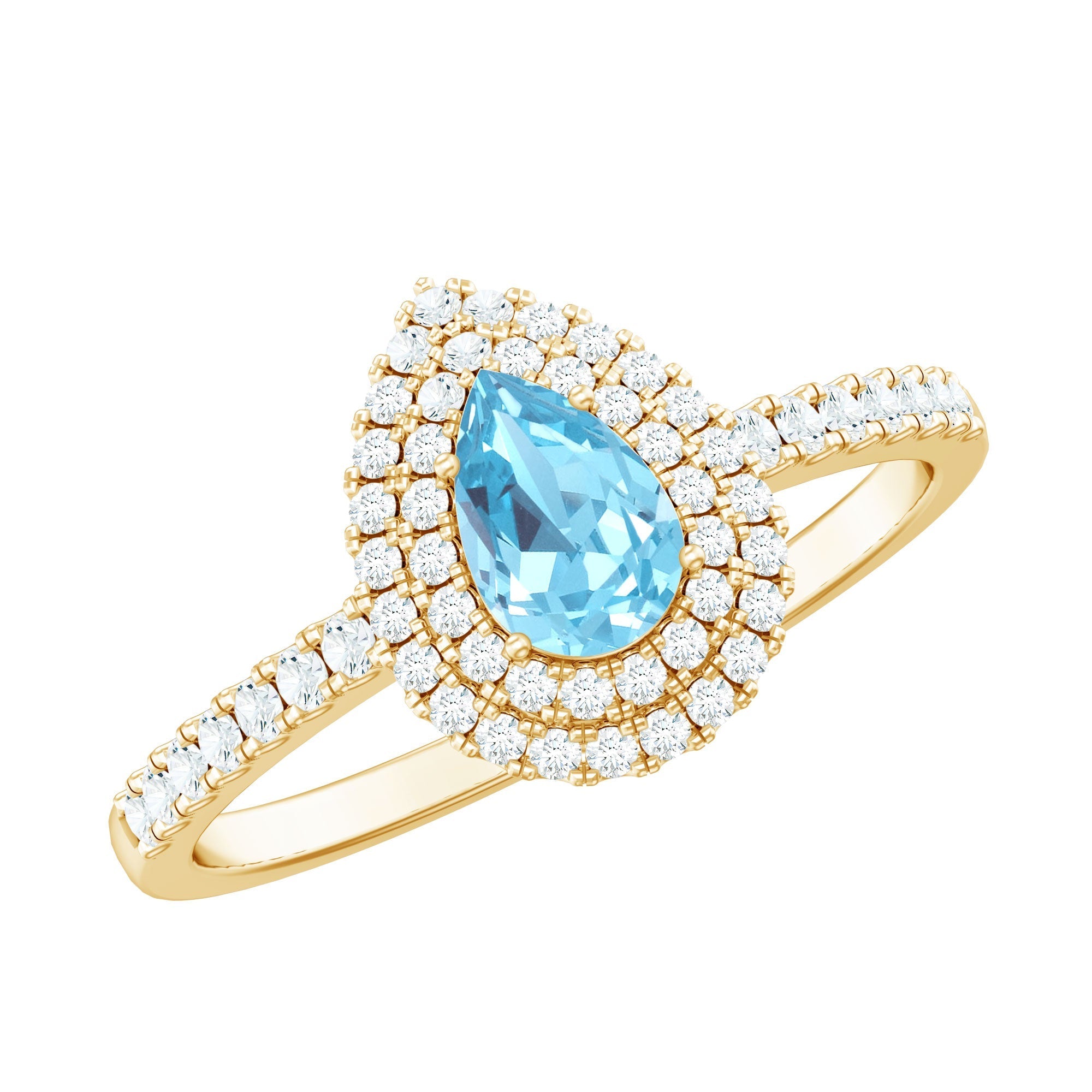 Classic Aquamarine and Diamond Teardrop Engagement Ring with Double Halo - Courbe et Compagnie