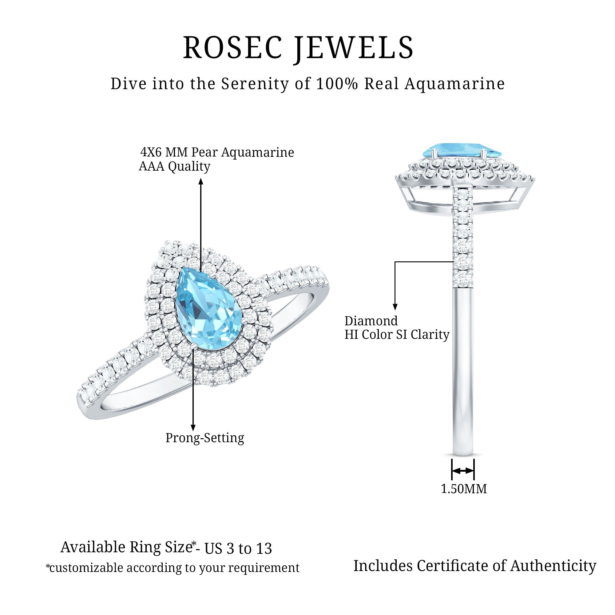 Classic Aquamarine and Diamond Teardrop Engagement Ring with Double Halo - Courbe et Compagnie