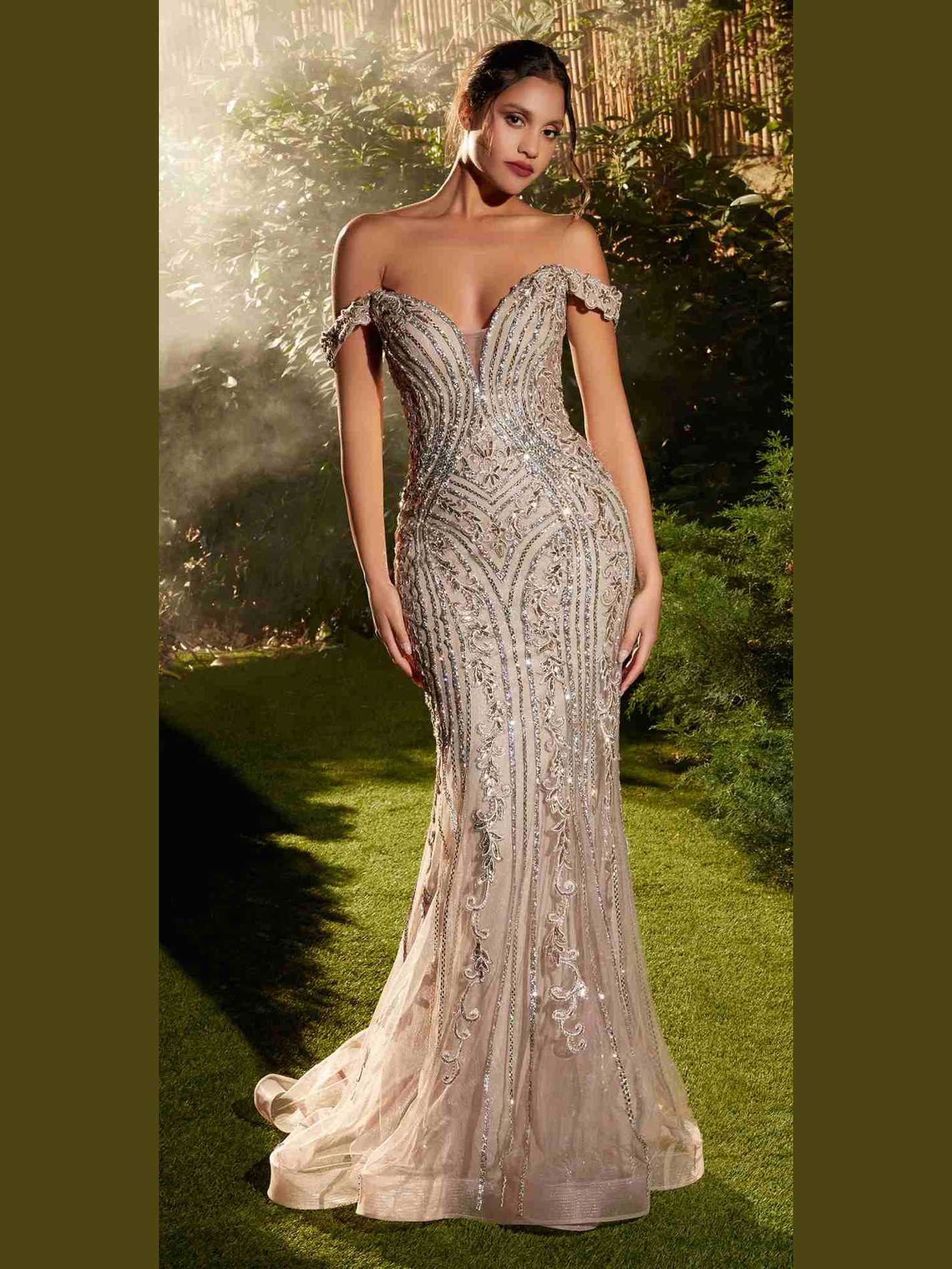 CLEARANCE - Andrea & Leo A1257 Long Off the Shoulder Dusty Mauve Gown (Size 4) - Courbe et Compagnie