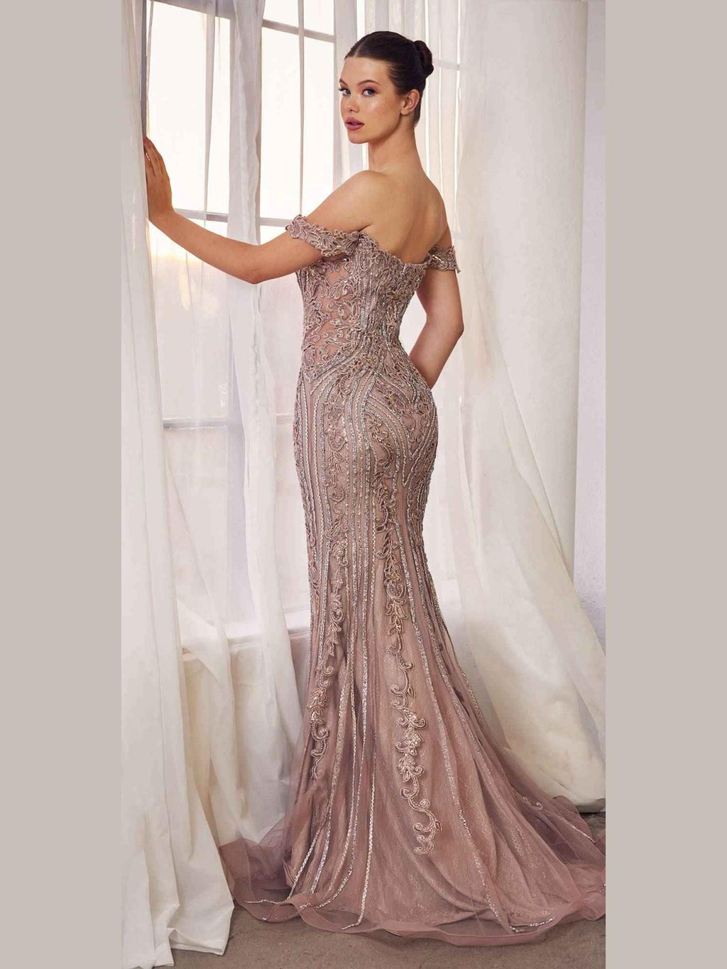 CLEARANCE - Andrea & Leo A1257 Long Off the Shoulder Dusty Mauve Gown (Size 4) - Courbe et Compagnie