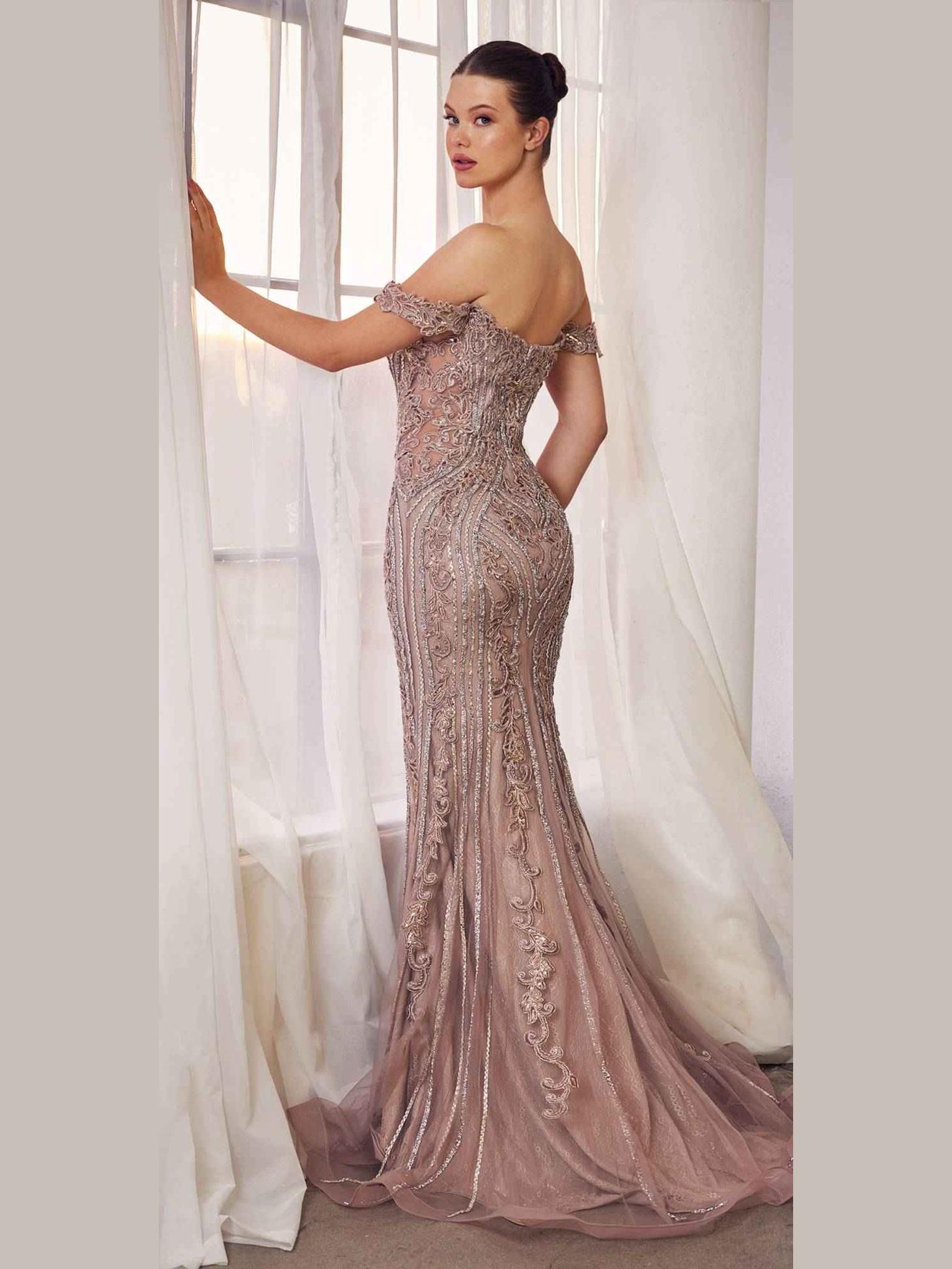 CLEARANCE - Andrea & Leo A1257 Long Off the Shoulder Dusty Mauve Gown (Size 4) - Courbe et Compagnie