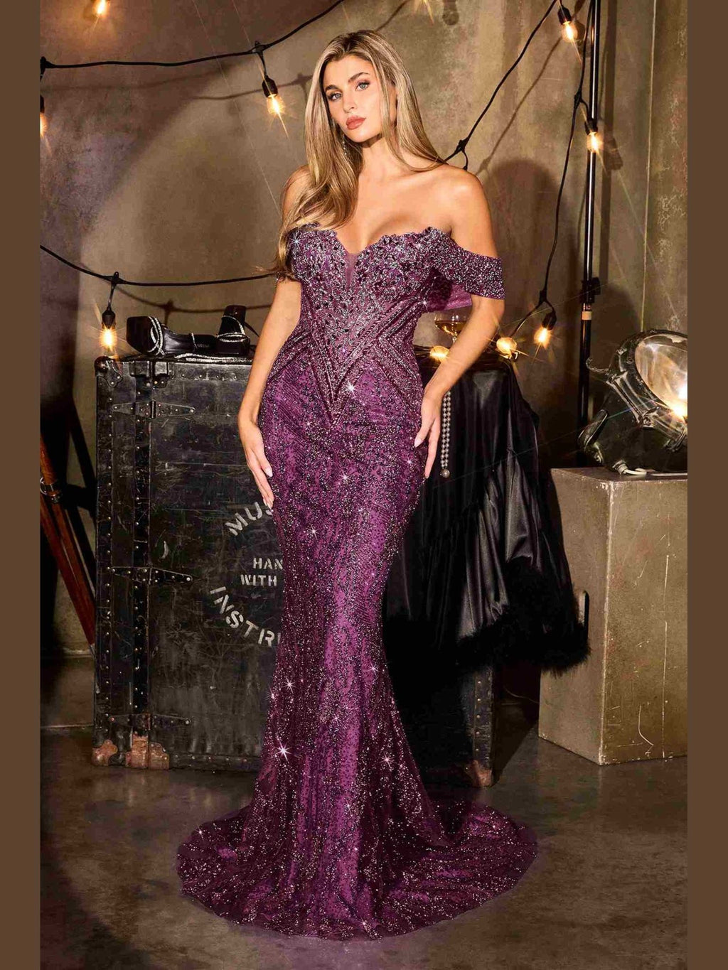 CLEARANCE - Ladivine CD693 Fitted Off Shoulder Sweetheart Eggplant Evening Dress (Size 4) - Courbe et Compagnie
