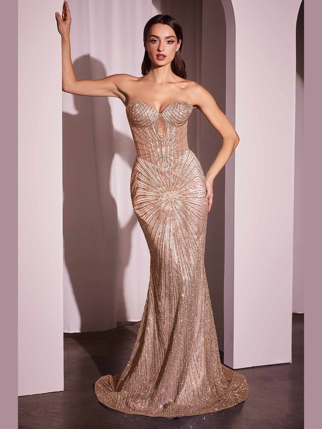 CLEARANCE - Ladivine J871 Long Sultry Fitted Strapless Gold Gown (Size 16) - Courbe et Compagnie