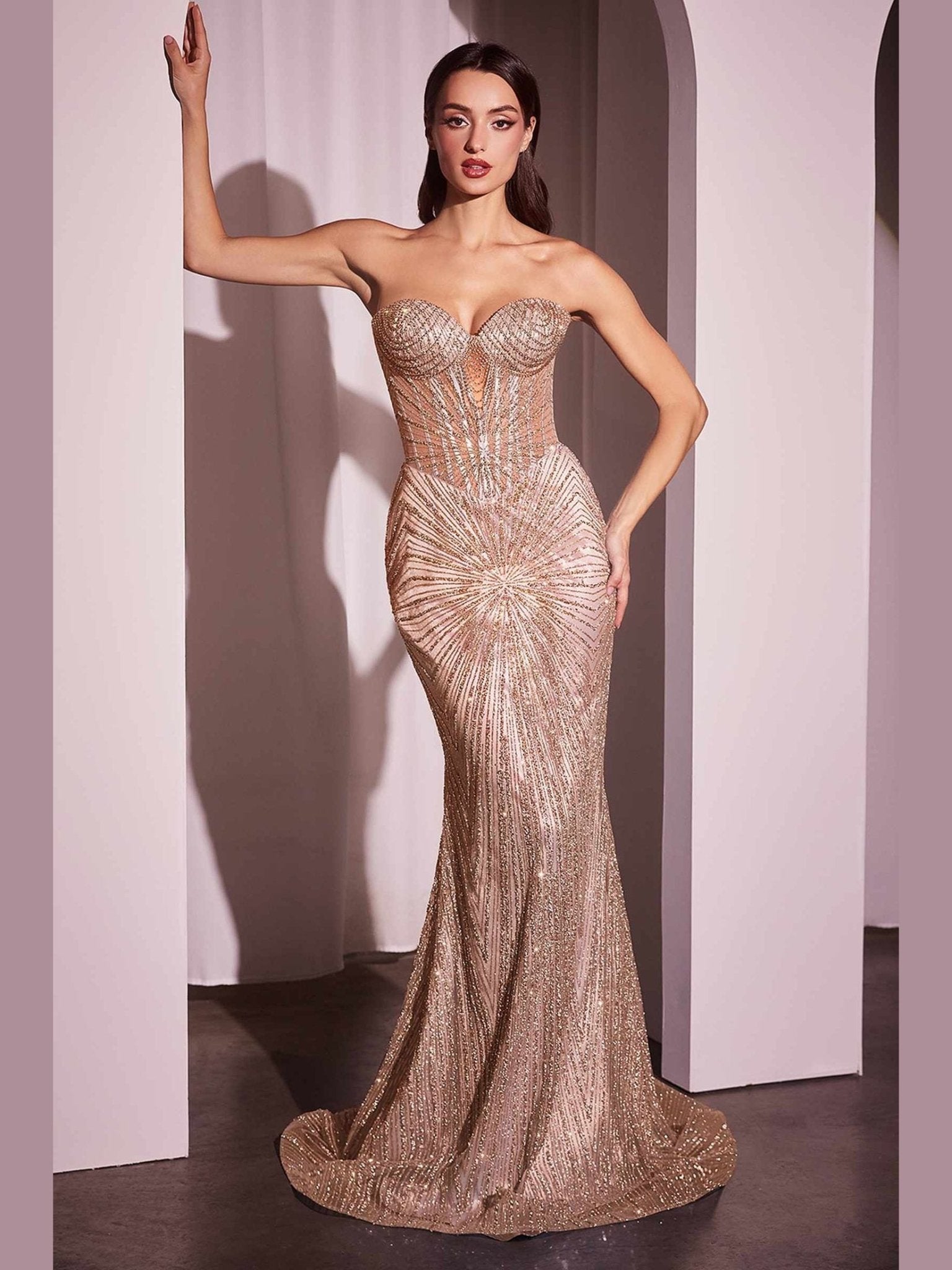 CLEARANCE - Ladivine J871 Long Sultry Fitted Strapless Gold Gown (Size 16) - Courbe et Compagnie