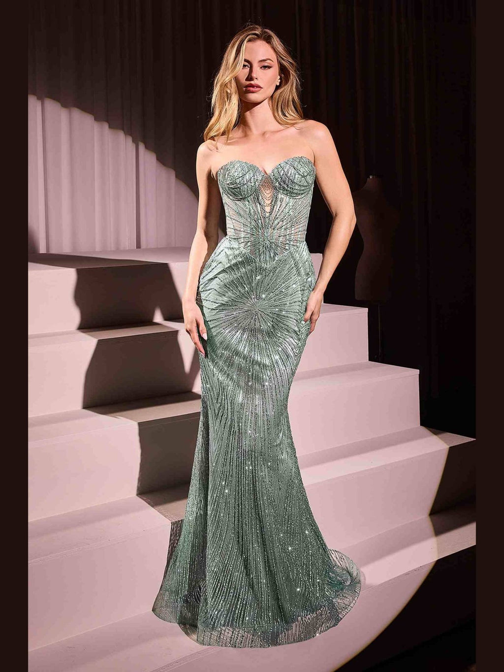CLEARANCE - Ladivine J871 Long Sultry Fitted Strapless Gold Gown (Size 16) - Courbe et Compagnie