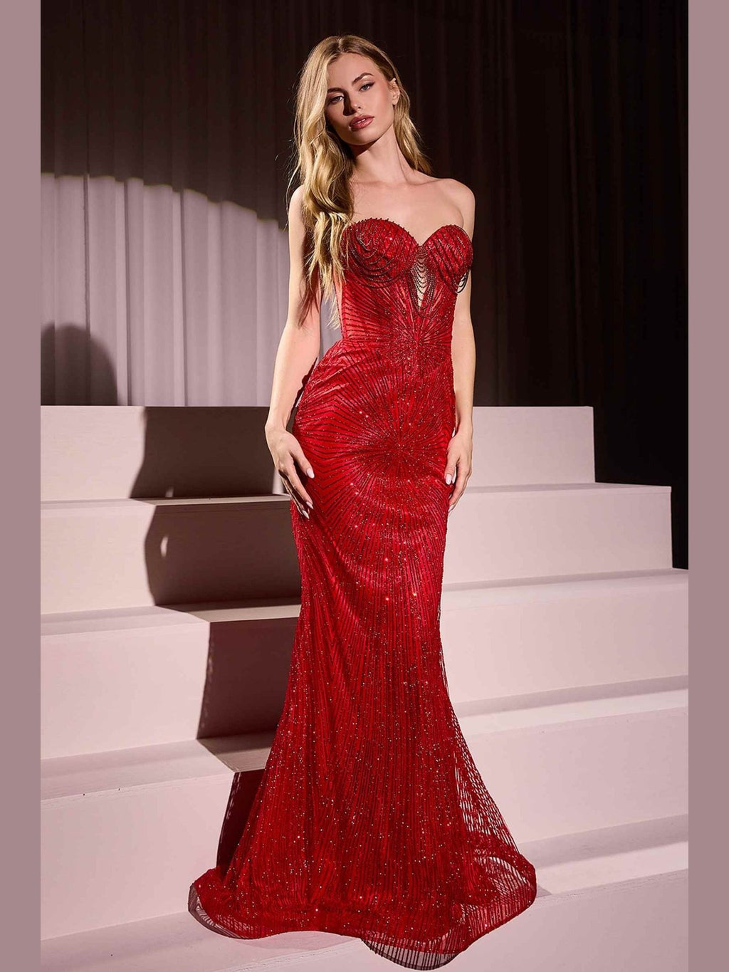 CLEARANCE - Ladivine J871 Long Sultry Fitted Strapless Gold Gown (Size 16) - Courbe et Compagnie