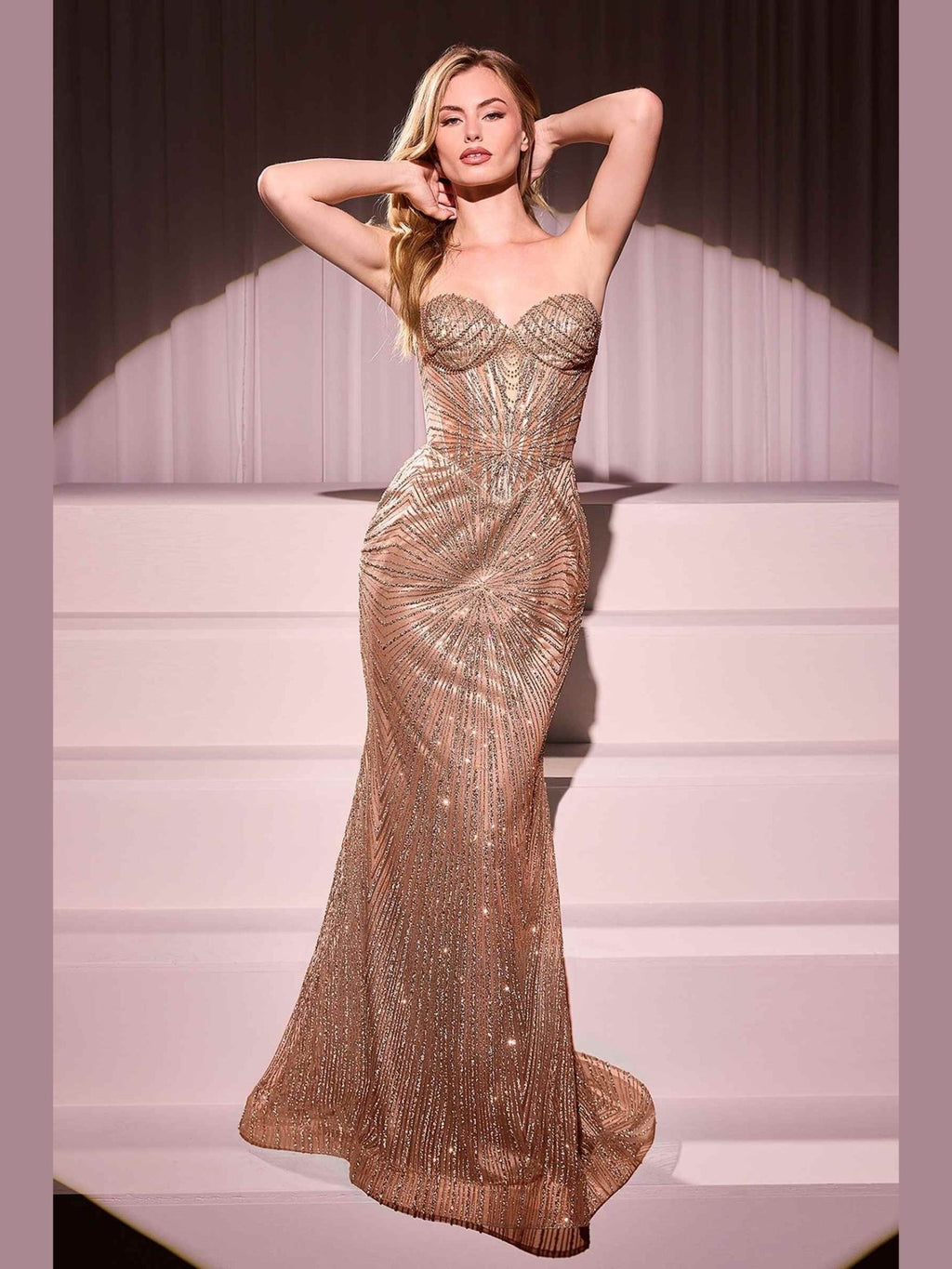 CLEARANCE - Ladivine J871 Long Sultry Fitted Strapless Gold Gown (Size 16) - Courbe et Compagnie