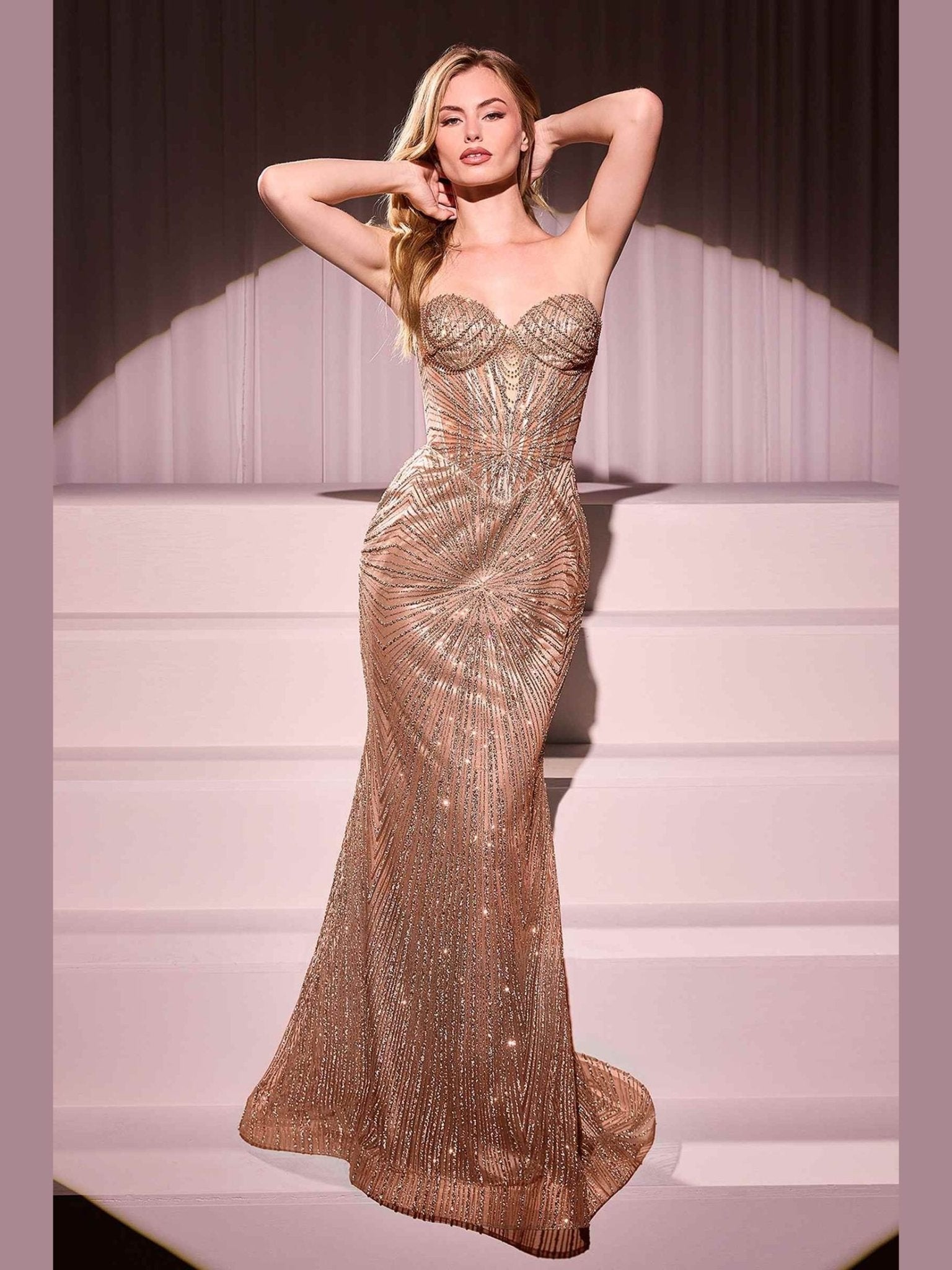 CLEARANCE - Ladivine J871 Long Sultry Fitted Strapless Gold Gown (Size 16) - Courbe et Compagnie