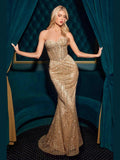 CLEARANCE - Ladivine J871 Long Sultry Fitted Strapless Gold Gown (Size 16) - Courbe et Compagnie