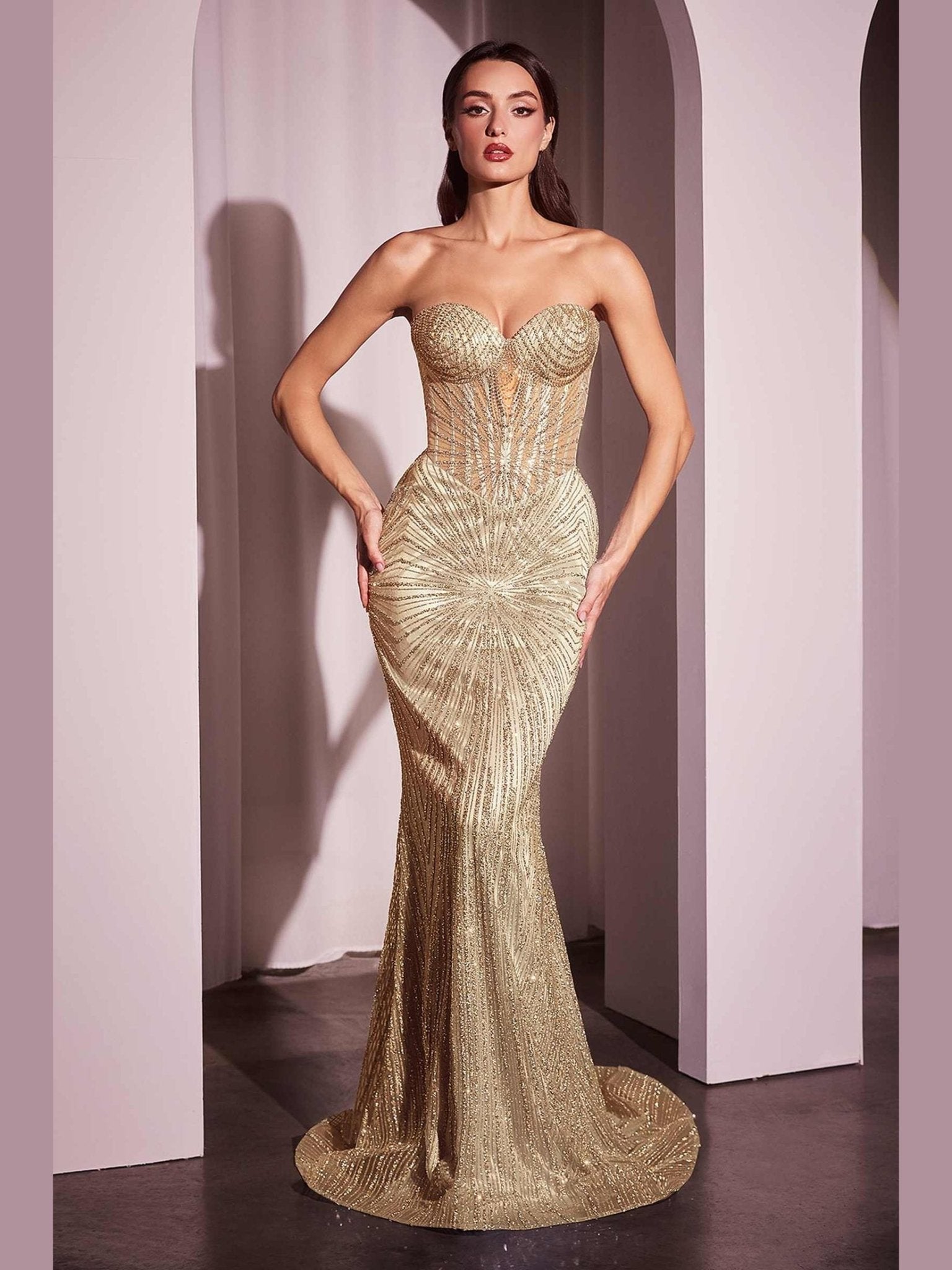 CLEARANCE - Ladivine J871 Long Sultry Fitted Strapless Gold Gown (Size 16) - Courbe et Compagnie