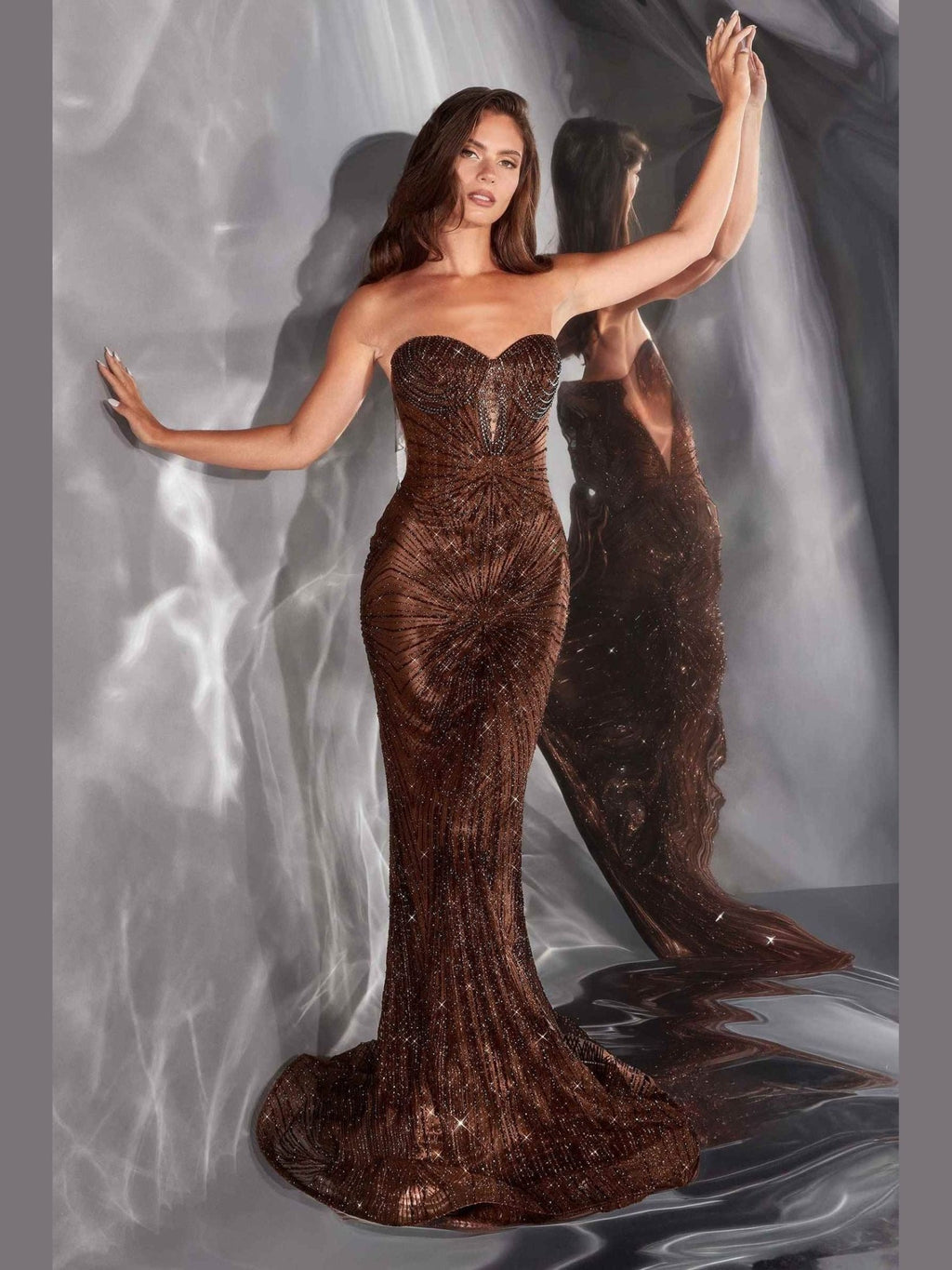 CLEARANCE - Ladivine J871 Long Sultry Fitted Strapless Gold Gown (Size 16) - Courbe et Compagnie