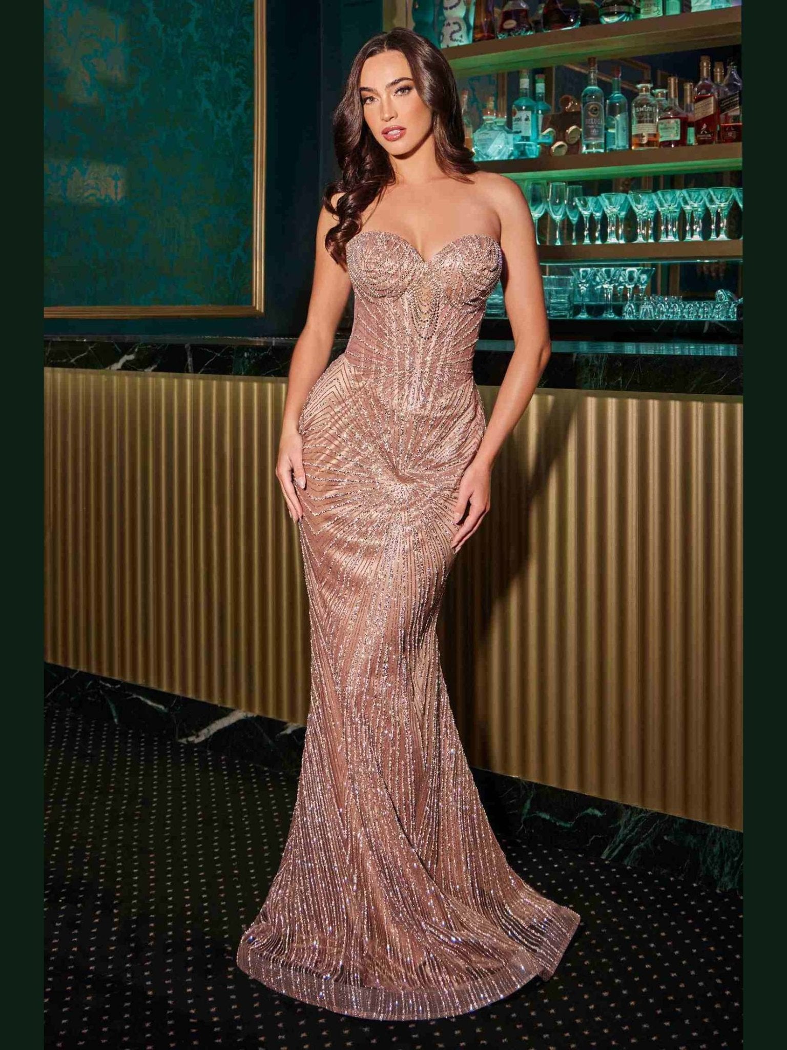 CLEARANCE - Ladivine J871 Long Sultry Fitted Strapless Gold Gown (Size 16) - Courbe et Compagnie
