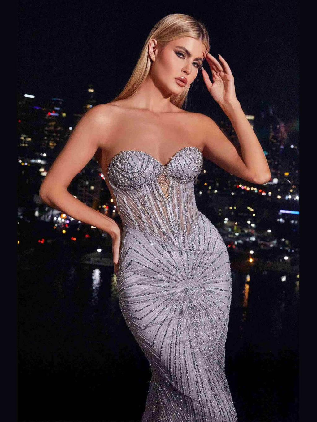 CLEARANCE - Ladivine J871 Long Sultry Fitted Strapless Gold Gown (Size 16) - Courbe et Compagnie