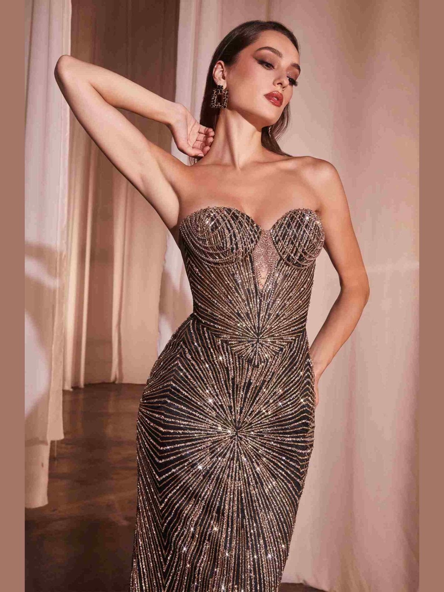 CLEARANCE - Ladivine J871 Long Sultry Fitted Strapless Gold Gown (Size 16) - Courbe et Compagnie