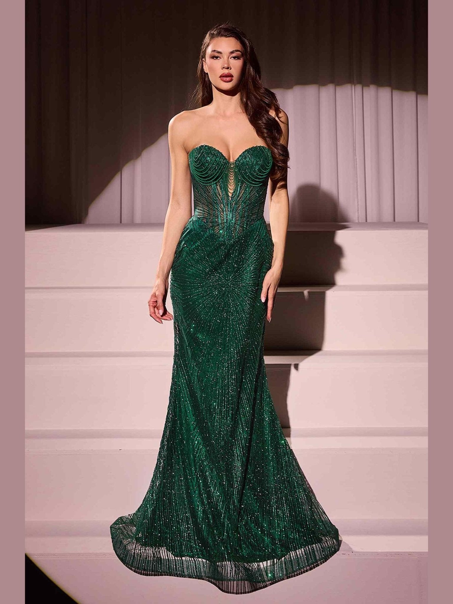 CLEARANCE - Ladivine J871 Long Sultry Fitted Strapless Gold Gown (Size 16) - Courbe et Compagnie