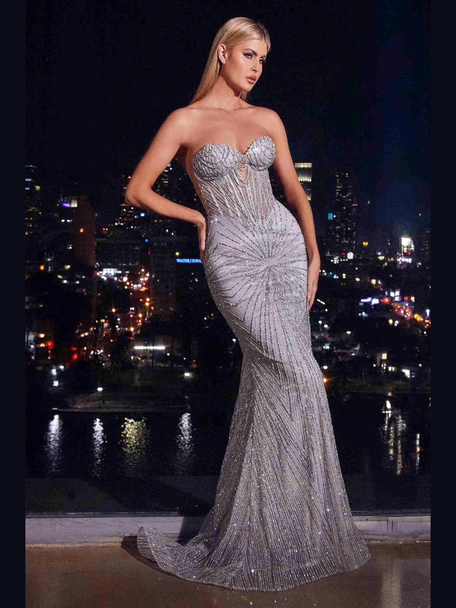 CLEARANCE - Ladivine J871 Long Sultry Fitted Strapless Gold Gown (Size 16) - Courbe et Compagnie